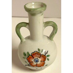 Vintage Japanese Miniature Vase With Dual Handles & Floral Design